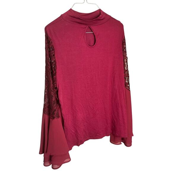 Joseph A. Lace Bell Sleeve Top Mock Neck Pullover Stertch Burgundy Size L NWT - Picture 2 of 6